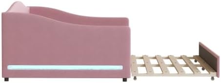 Miniatura 15 de MERITLINE Sofá cama tapizado de tamaño individual con nido y LED, marco de cama de día de forro polar con listones de madera maciza, sofá cama