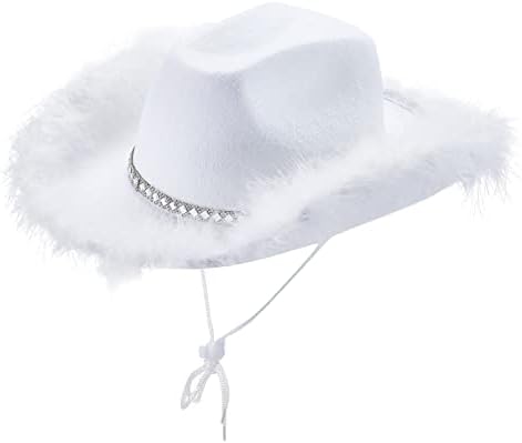 Geagodelia Felt Cowboy Hat for Women Fluffy Feather Trim Disco Cowgirl Hat Womens Adult Halloween Costumes Preppy Hat for Fancy Dress Up Role Play Cosplay Birthday Party