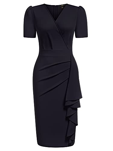 Knitee Women's Retro Business V Neck Short Puff Sleeve Ruffle Cocktail Dress #TOP3