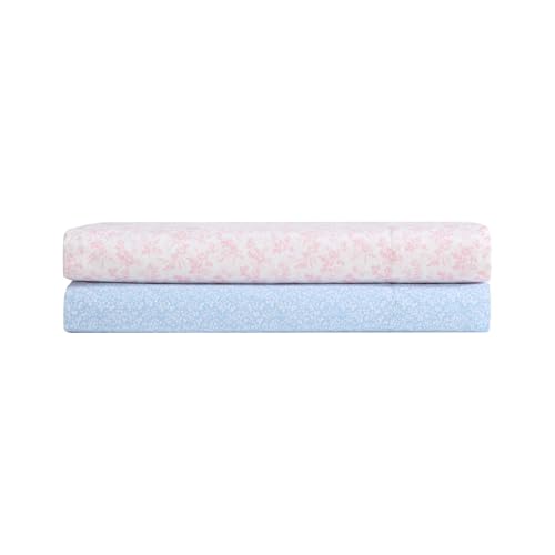 Image of Laura Ashley - Full Size Sheet Set, Crisp & Lightweight Cotton Percale Bedding with Fitted Sheet and Pillowcases, Floral Room Decor, Deep Pocket, College Dorm Room Essentials (Maeve Blue)