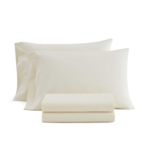 Image of Martha Stewart - King Size Sheets Set, Crisp & Tailored Cooling Sheets with a Naturally Smooth Cotton Percale Lightweight Feel - Bed Sheets with Matching Pillowcases & Fitted Sheet (Stripe Yellow)