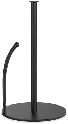 VEHHE Black Paper Towel Holder Countertop with EVA Anti Slip Design, Spring Arm Kitchen Towel Holder for Easy Smooth Tearing, Stainless Steel Paper Towel Holder