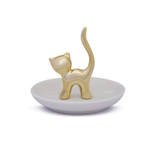Image of Trinket /Decorative /Jewellery /Key-Coin Tray /Home Decor /Ring-Earring-Neck Chain Holder /Return Gift /Round White Tray with Gold Figurine (Cat)