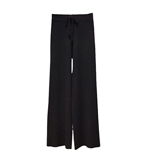 Pantalon tricoté épais pour femmes avec taille élastique et jambes larges noir uni