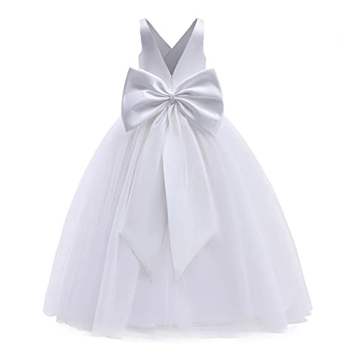 FYMNSI Brautjungfernkleider für Mädchen mit V-Ausschnitt und Rückenschleife, Tüll-Maxi-Langkleid, Kinder-Abendkleid, Ballkleid, Erstkommunionskleid, weiß, 5-6 Jahre