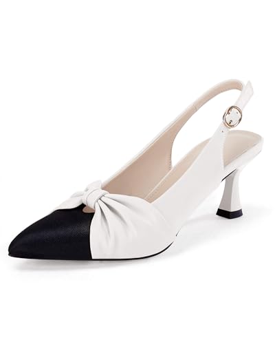 Coutgo Womens Bow Slingback Heels Splicing Closed Pointed Toe Kitten Heel Wedding Pumps Dress Shoes, White, Size 9.5