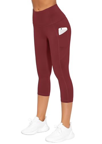 Image of THE GYM PEOPLE Thick High Waist Capris Yoga Pants with Pockets, Tummy Control Workout Running Yoga Leggings for Women