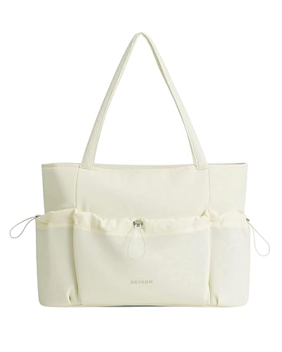 Image of DEFAHN Structured Tote Bag for Women, Lightweight Tote with Laptop Compartment, Multi Pocket Travel Shoulder Bag with Bottle Pockets & Drawstring Front Pocket for Office, Commuting, Weekend (Beige)
