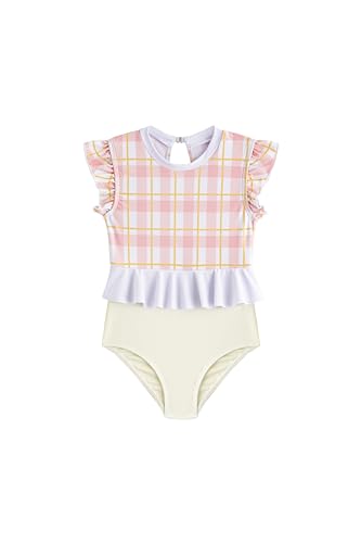 Girls Swimwear One Piece Ruffle Trim Flounce Checkered Plaid 2-12Years Beach Bathing Suit for Kids Swimsuit