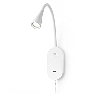 Wall Mount Reading Light, Focused Book Light for Reading in Bed, 5 Dimming, USB Output, 4 Hours Auto Off, Touch Control, Flexible Gooseneck Headboard Reading Lamp, Easy to Install White