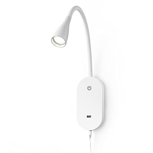 Wall Mount Reading Light, Focused Book Light for Reading in Bed, 5 Dimming, USB Output, 4 Hours Auto Off, Touch Control, Flexible Gooseneck Headboard Reading Lamp, Easy to Install White Whit