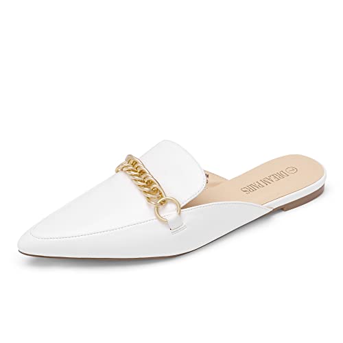 Dream Pairs Womens Flat Mules Buckle Pointed Toe Backless Slip On Slides Loafer Shoes, White-1-8 (Dml211) #TOP6