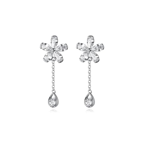 Reffeer Solid 925 Sterling Silver CZ Flower Cuff Earrings for Women Teen Girls Flower Wrap Earrings Droplet Chain Earrings Cartilage Helix (A-Silver)