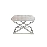 Stylish Pouffe with Metal Frame, 50 cm x 42 cm x 40 cm | 100% Polyester Babyface Fabric, Dark White & Silver | Perfect for Modern Living Spaces