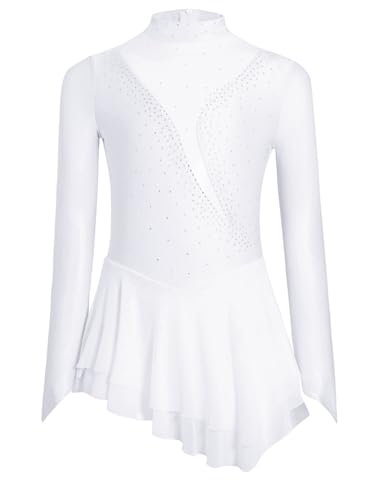 HULIJA Niños Niñas Patinaje Artístico Vestido de Ballet de Manga Larga con Rhinestone Vestido Calabaza Danza Maillot Falda Asimétrica Competición Danza Ropa, Blanco, 134-140