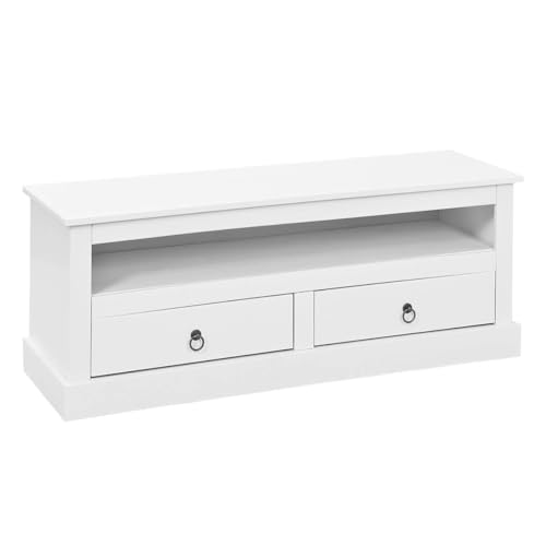 AltoBuy Natur - Meuble TV 2 Tiroirs Bois Massif Vernis Blanc
