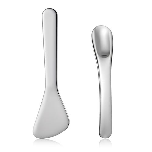 JJUNW Lot de 2 spatules cosmétiques en acier inoxydable - Petites spatules cosmétiques réutilisables - Mini spatules de maquillage en métal - Pour crème...