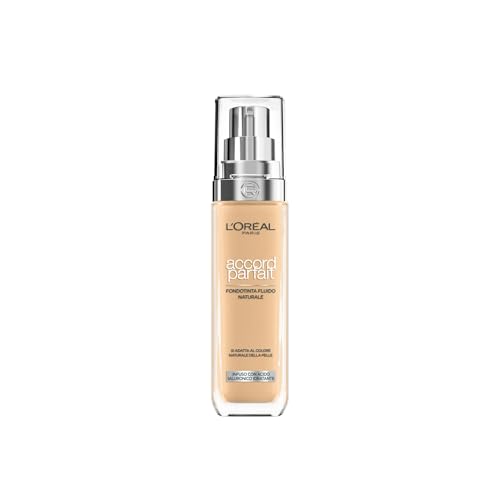 L'Oréal Paris Fondotinta Liquido, Incarnato Uniforme e Illuminato, Finish Naturale, Per Tutti i Tipi di Pelle, Formula con Acido Ialuronico, Accord Parfait, Tonalità : 4D/W Golden Natural, 30 ml
