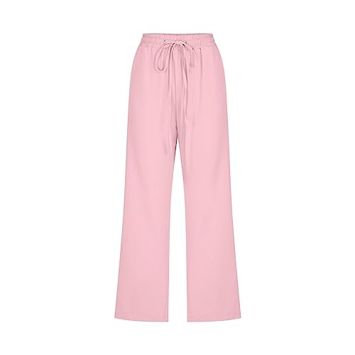 Generic Capri Pants for Women Casual 2024 Summer Drawstring Elastic High Waist Linen Pants Wide Leg Plus Size Lounge Capris3