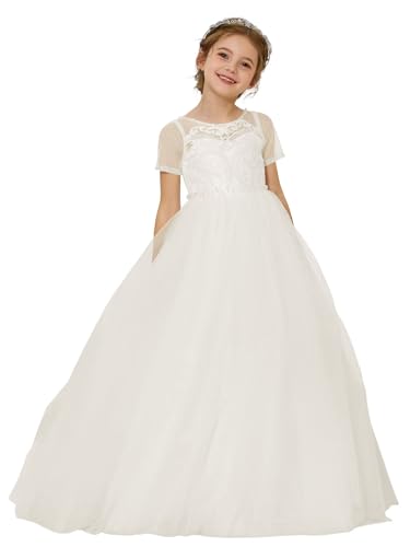 MCieloLuna 2025 Girls Princess Dresses Lace Tulle Flower Girl First Communion Dress Short Sleeve Wedding Pageant Gown