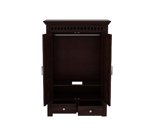 Image of Sheesham Wood Wooden 2 Door Wardrobe Organizer for Clothes | - Solid Wood Almirah with 2 Drawers, 2 Shelves - with Hanging Space Cupboard for Large Bedroom (Design 7)