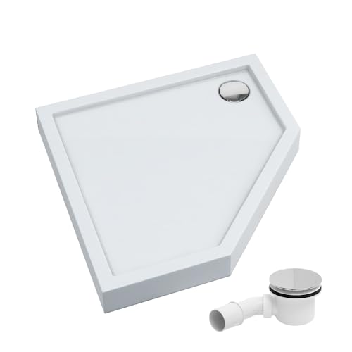 AQUABAD Duschwanne/Duschtasse | Komplettset Ultima mit LeakProtect Technologie Smooth White 90x90cm Fünfeck | inkl. Ablaufgarnitur/Siphon Alcadrain A49CR