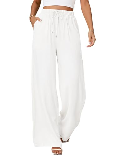 Womens Linen Pants High Waist Wide Leg Pant Casual Summer Palazzo Pants Loose Flowy Beach Trousers with Pockets