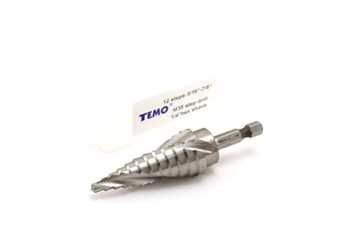 Image of TEMO M35 Cobalt Spiral Flute Step Drill Unibit, 12 Size 3 /16 Inch To 7 /8 Inch, 1 /4 Inch Hex Shank