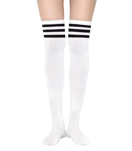 Jollkichay Thigh High Socks for Women Striped Knee Highs Casual Over the Knee Socks Thin Boot Stockings Cosplay Long Leg Warmer 1 Pair White Black One Size