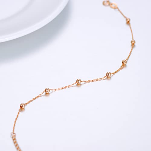 14K Rose Gold Ankle Bracelet For Women, Real Gold 3Mm Beaded Ball Anklet Foot Jewelry Gifts For Her, 9.1-10.5 Inch #TOP1