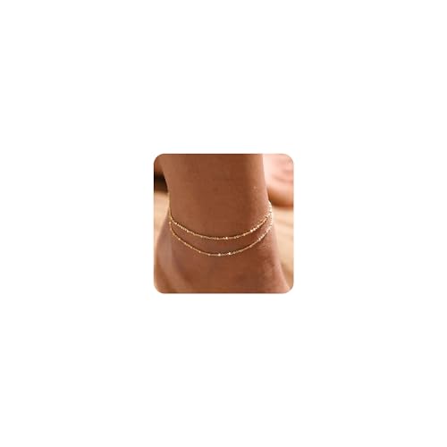 MIDEEO Gold/Silver Ankle Bracelets for Women,14K Gold Anklets for Women Waterproof Cuban Link Heart Beads Herringbone Rhinestone Anklets Set Layered Anklet Bracelets Gold Jewelry Gift