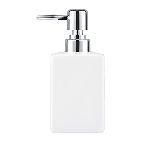 RonFin Ceramic Soap Dispenser, 11oz (320ml) Square Shampoo Lotion Bottle with Pump, Hand Wash Dispensers for Bathroom/Kitchen/Office/Laundry Room,Refillable Shampoo,Hand Soap,Dish Soap (White) Cover