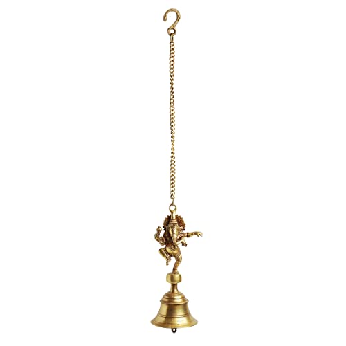 Image of ExclusiveLane 'Dancing Ganpati' Pure Brass Hanging Bells for Pooja Room (Set of 1, 3.4 x 3.4 x 9.3 Inch, 1.2 Kg) | Brass Bells for Mandir Temple Bell Hanging Temple Bells for Home Decoration
