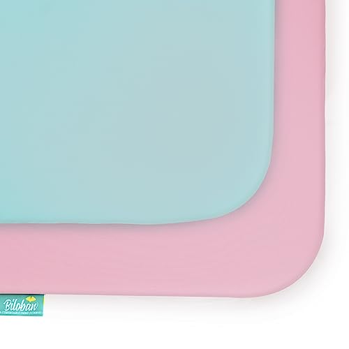 Biloban Pack and Play Sheets Fitted, 2 Pack Pack and Play Sheet Fits for Graco Pack n Play Mattress, Neutral Playard Sheets for Baby Boys and Girl, Pink & Aqua, 38”X 26”