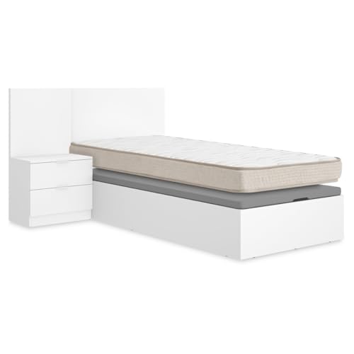 DEKIT   Pack Ahorro Juvenil Cama Flow con cabecero, una mesita y colchón viscoelástico de 90 x 190 cm