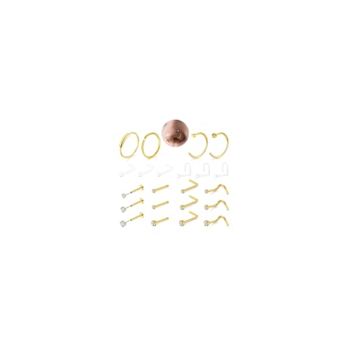Longita Lot de 22 pièces de piercing pour le nez 18G en acier inoxydable avec anneau nasal et clou de nez - Piercing pour septum, lèvres, oreilles, hélix, tragus, daith en or et argent pour le nez