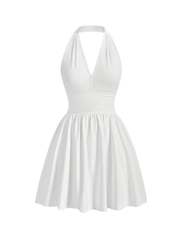 Image of GORGLITTER Women's Flared Flowy Ruched Halter Mini Dresses Ruffle Backless Going Out Mini Swing Dress White S