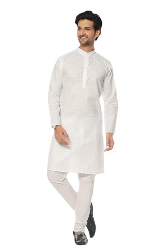 Indian Pakistani Men's White Tunic Cotton Chikankari Party Festive Ethnic Wear Kurta Pajama Dress Set