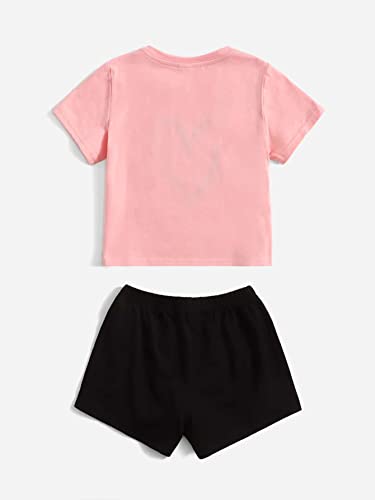 Image of OYOANGLE Girl's 2 Pieces Outfits Heart Print Round Neck Short Sleeve Tee Top and Shorts Set