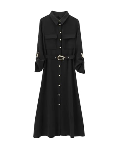 Women Long Shirt Dress with Belted Pockets and Gold Buttons