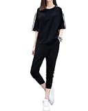 [エムズ モア] 上下セット スポーツウェア パンツ tシャツ セットアップ レディース 夏 秋 春 下 薄手 スポーツtシャツ 半袖 速乾性 ヨガ ポリエステル サイドライン 九分丈パンツ ゆったり 9分丈 スエット トレーニング ジャージ ジム ランニング ダンス アンクル ウォーキング ゴム ストレッチ 速乾 婦人 くろ 黒 サイズ M ブラック