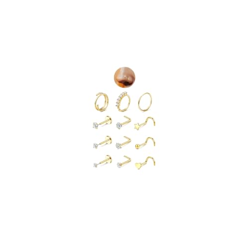 JeryWe Nose Rings for Women - 14K Gold Filled Hypoallergenic Surgical Steel Nose Ring Hoops CZ Lip Ring Screw L Shaped Studs Threadless Flat Back Stud Nose Piercings Jewelry for Women Men CZ