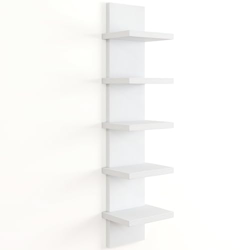 Fun Memories 5 Tier Wall Shelf Unit White Floating Shelves for Storage - Vertical Column Tower Design Lack Wall Shelf Space Saving Organizer for Bedroom Living Room Home Decor