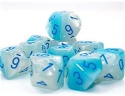 Pearl Turquoise and White Gemini Luminary Dice with Blue Numbers D10 16mm (5/8in) Pack of 10 Dice