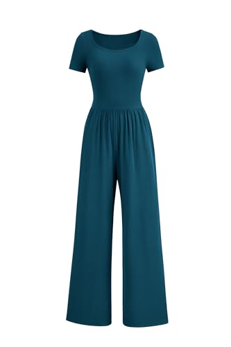 PRETTYGARDEN Women's Summer One Piece Jumpsuits Dressy Casual Short Sleeve Square Neck Wide Leg Jumpsuit Rompers