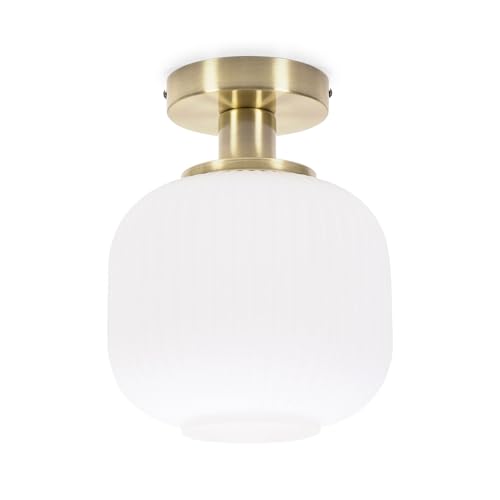 ValueLights | Gold Flush Ceiling Light Fitting with Ribbed Frosted Glass Shade | Close-to-Ceiling Lights, Home Décor & Improvement Essential | Includes Bulb | Mains Wired
