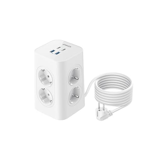 Anker Mehrfachsteckdose, 8-fache Steckdosenleiste, Steckerleiste mit 4 USB, 20W USB C Schnellladen, Mehrfachsteckdose mit Schalter, 2m Kabel Steckdosenturm für Büro, Zuhause, Gaming Weiß