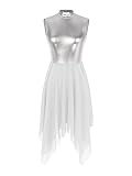 JEEYJOO Liturgical Worship Praise Dance Dress Tunic for Women Sleeveless Silver Metallic Lyrical Dance Costume White Medium