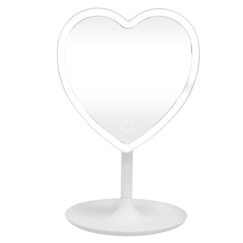 BIUDECO Espejo de Maquillaje de Mesa Luz LED Ajustable Forma de Corazón Espejo Cosmético de Plástico Compacto para Uso Doméstico Adecuado para Tocador y Viaje Obsequio Práctico para