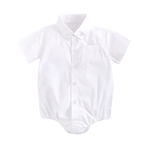Baby Boys Summer Shirts Romper Short Sleeve Button Up Newborn Plain Bodysuit Lapel Pockets Infant Cute Onesie Solid Color Birthday Outfits (White, 12-18 Months)